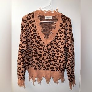 Pink and Brown Leopard Print Cropped Sweater